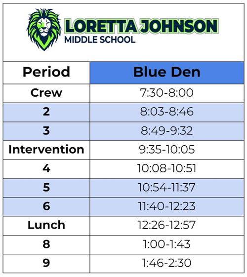 Blue Den Schedule